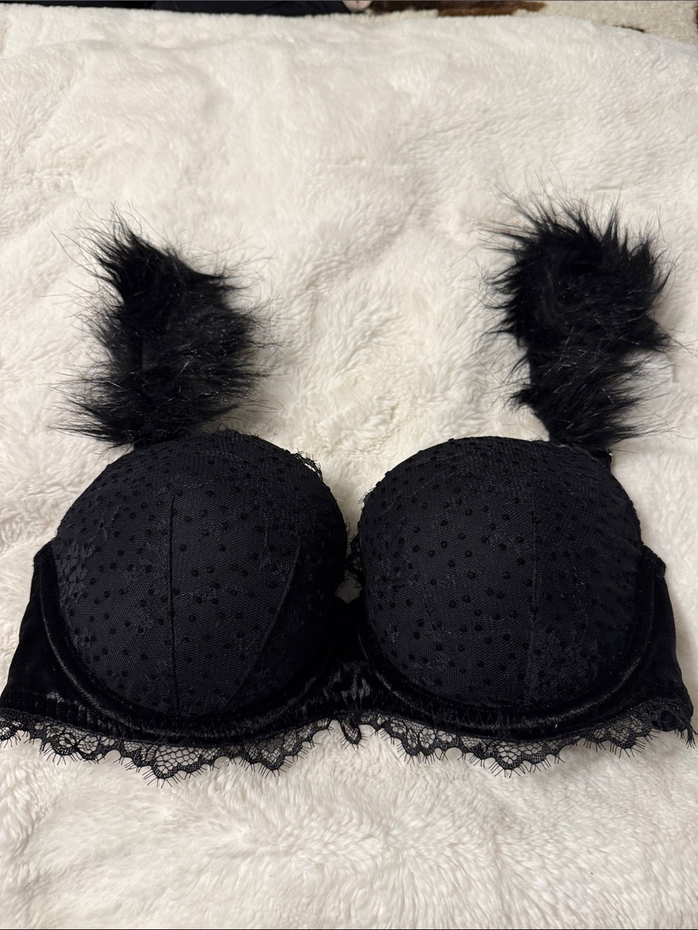 Victoria's Secret Black Lace Push-Up Bra with Faux Fur Straps